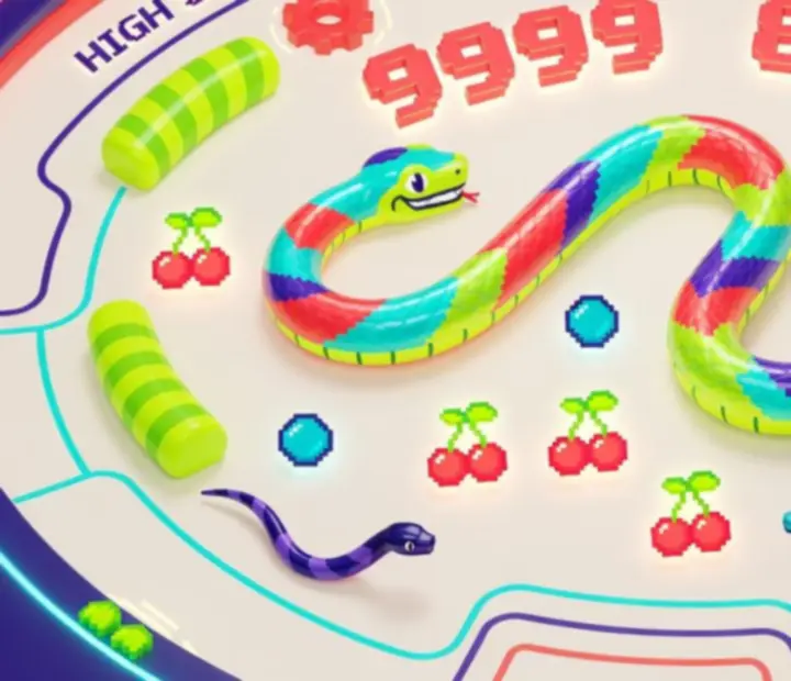 Serpent coloré slalomant dans une arène rétro-arcade remplie de nourriture lumineuse et d'adversaires