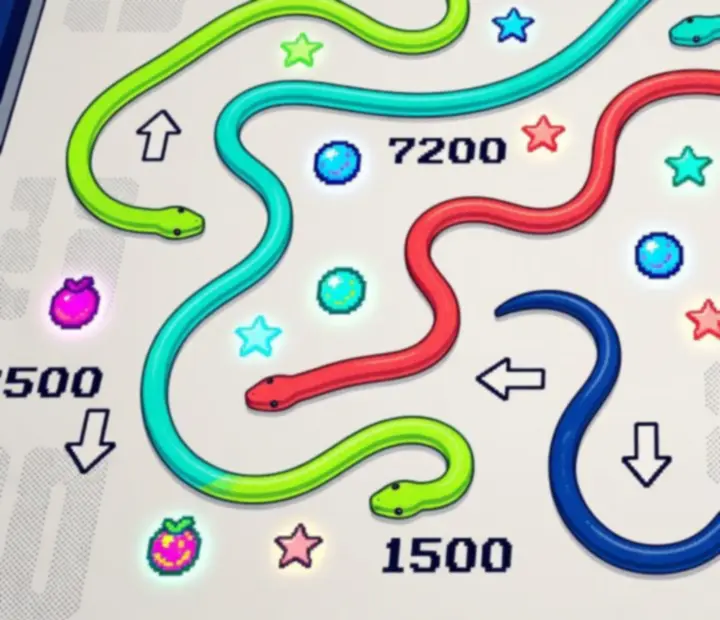 Schéma top-down d'une arène Snake Slither montrant des trajectoires de serpents et des zones sûres