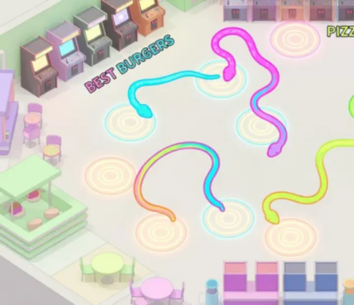 Diagramme top-down de l’arène montrant les zones riches en nourriture et les trajectoires de serpents