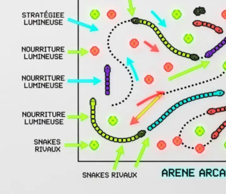 Schéma de déplacement top-down dans l'arène Snake Slither