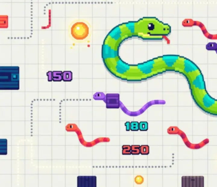 Vue top-down d'une arène d'entraînement Snake Slither remplie de serpents contrôlés par des bots
