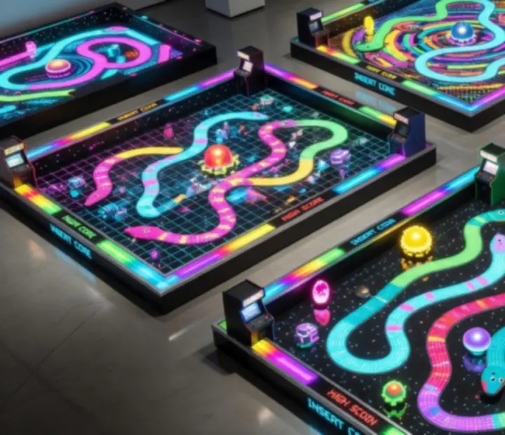 Montage d’arènes Snake Slither colorées avec des serpents, de la nourriture lumineuse et des décors arcade rétro