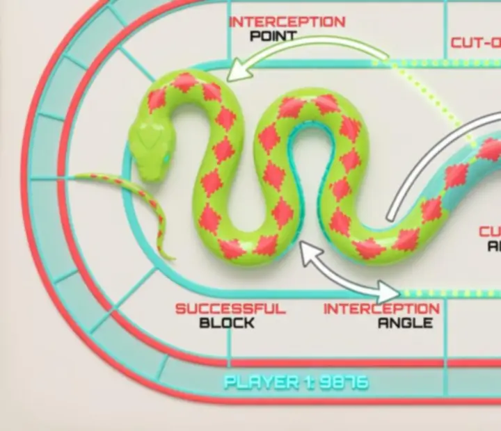 Diagramme tactique montrant un serpent qui coupe la trajectoire d'un adversaire