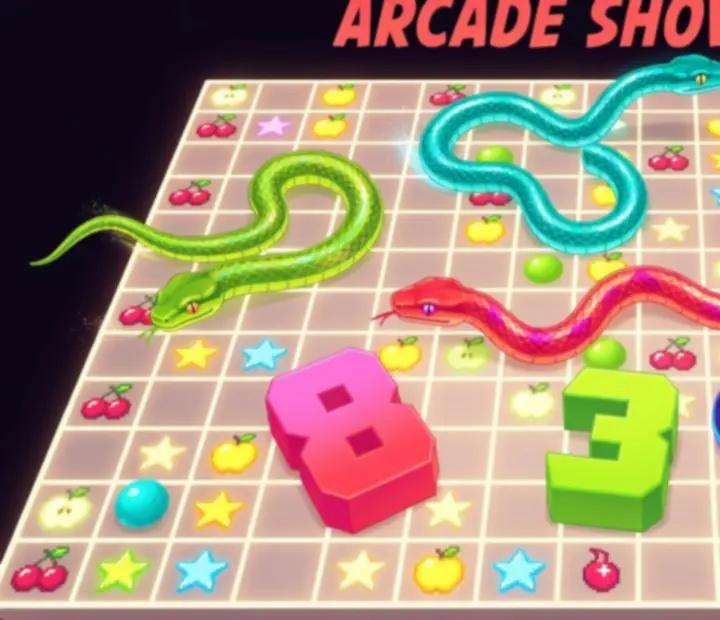 Vue du dessus d’une arène Snake Slither avec plusieurs serpents colorés en pleine course et des aliments lumineux
