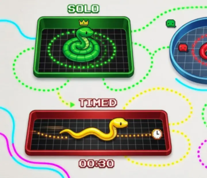 Illustration de différents modes d’arène Snake Slither avec zones colorées et chemins de serpents