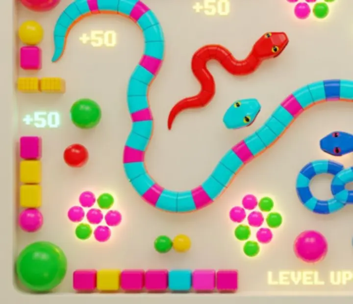 Serpent coloré affrontant plusieurs bots dans une arène lumineuse en mode hors ligne