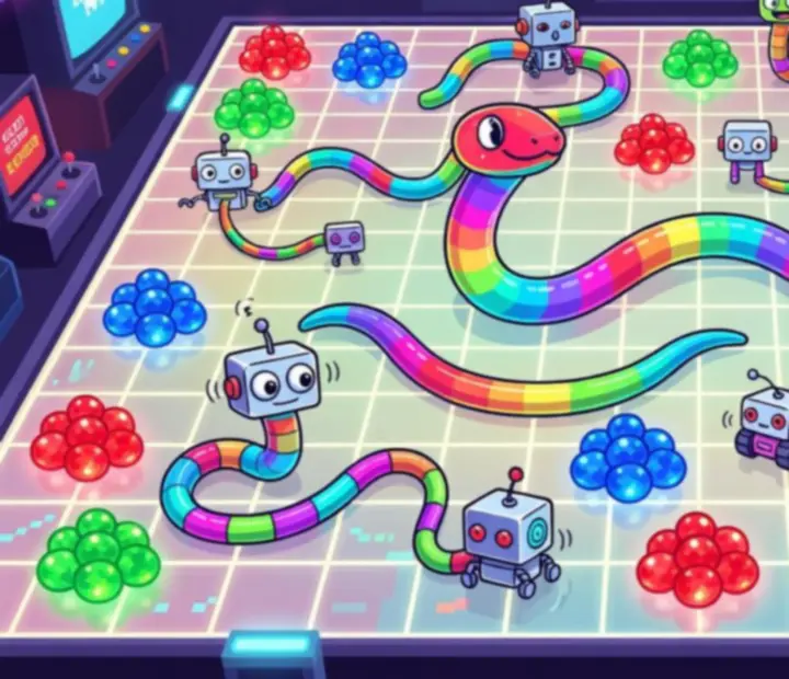 Illustration d’un serpent pratiquant contre des bots dans une arène arcade colorée