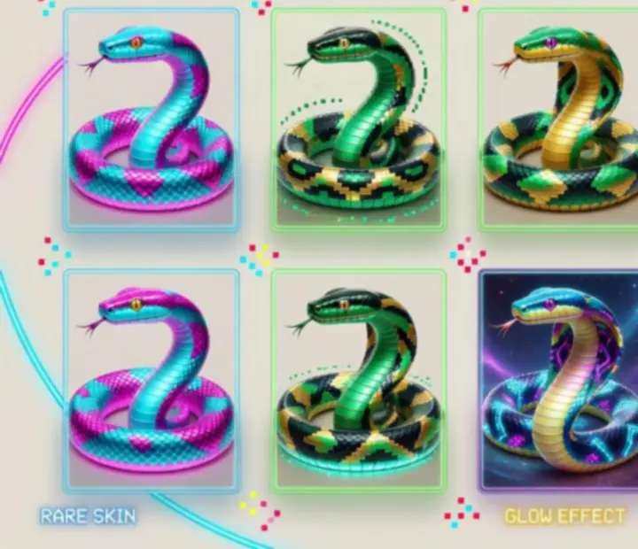 Fiche de profil montrant plusieurs skins colorés de serpents dans un style arcade.