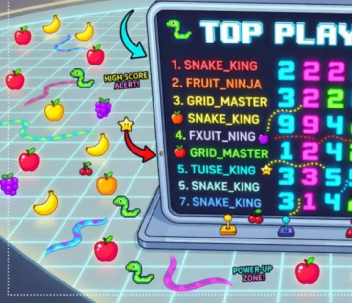 Tableau de score arcade affichant rang, score et records personnels pour les matchs de Snake Slither