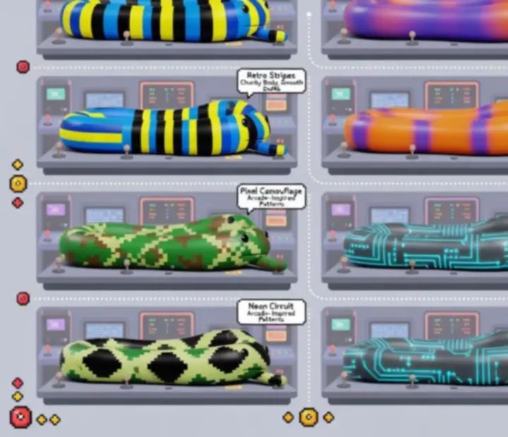 Sheet de profils de skins montrant plusieurs serpents avec des formes et motifs variés dans Snake Slither