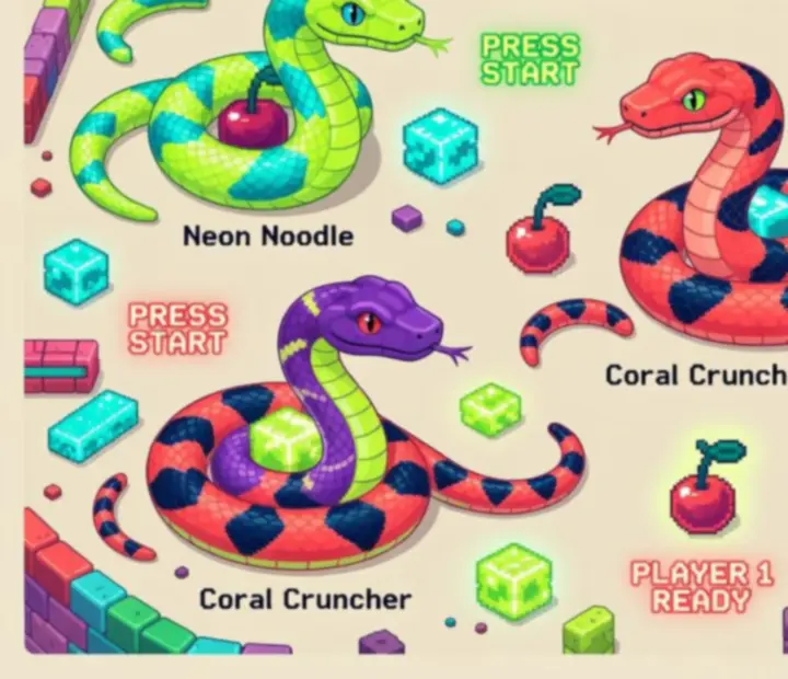 Sélection de skins colorés de serpents vue du dessus dans une arène lumineuse de Snake Slither