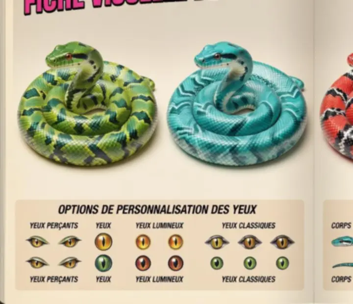 Feuille visuelle présentant plusieurs skins colorés de serpents dans un style arcade