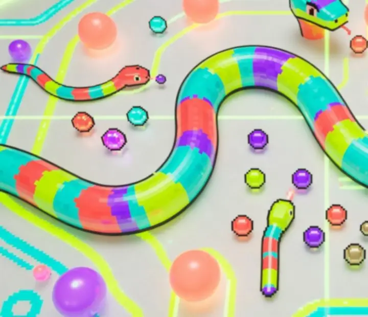 Illustration top-down d’un serpent coloré qui grandit dans une arène remplie de nourriture lumineuse