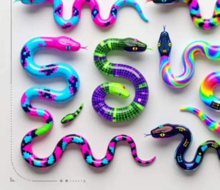 Profils illustrés de différents skins de serpents colorés dans une arène arcade