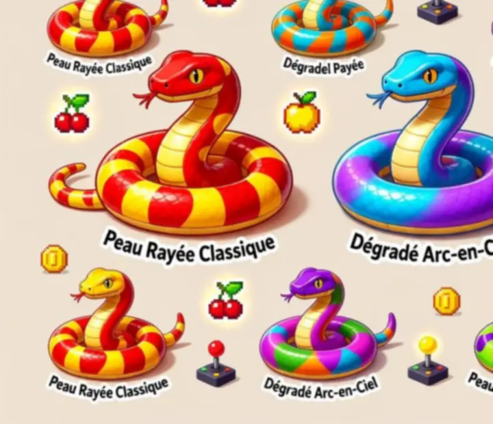 Planche de skins de serpent colorés dans un style arcade