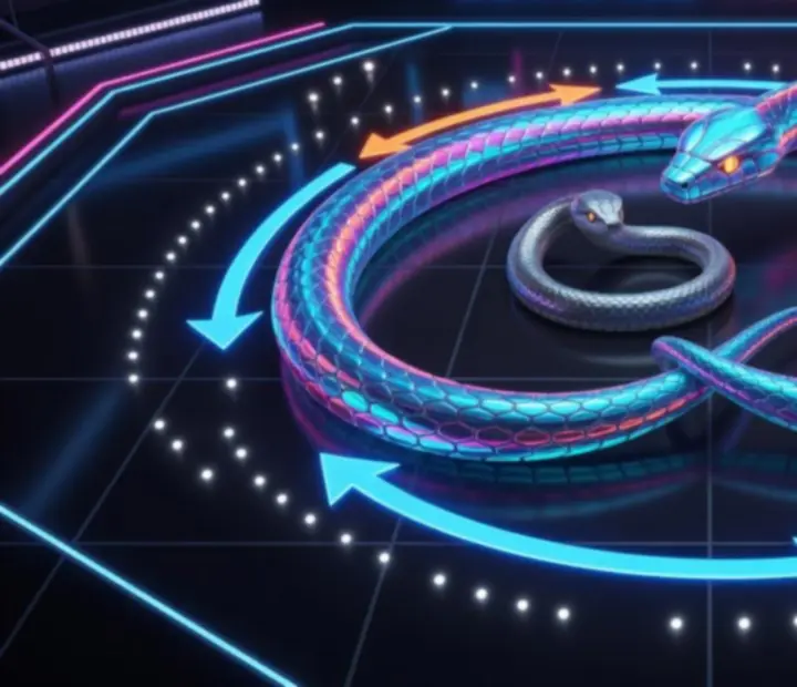 Schémas de serpents encerclant des adversaires dans une arène lumineuse