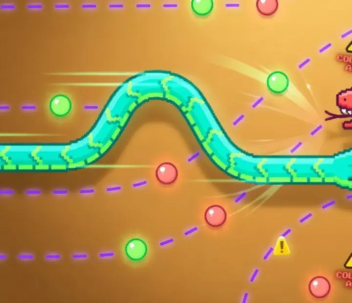 Serpents colorés en duel dans une arène, illustrant coupage de route et encerclement